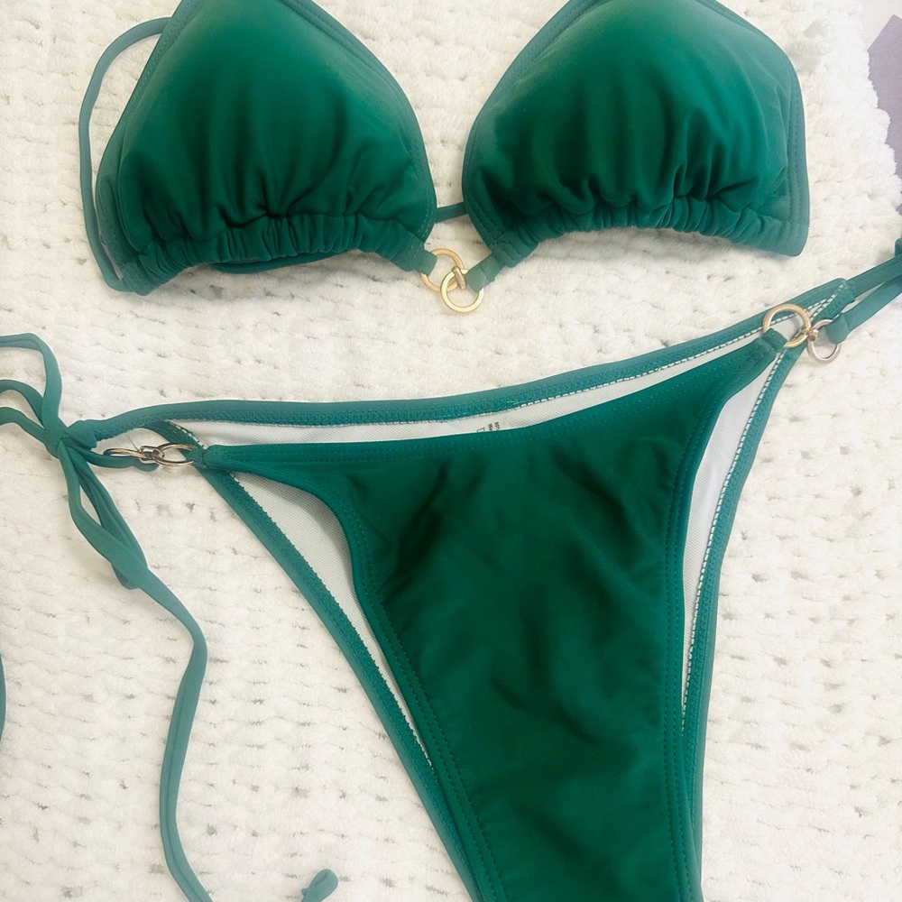 Emerald Green Triangle Bikini Set with Gold Ring Details